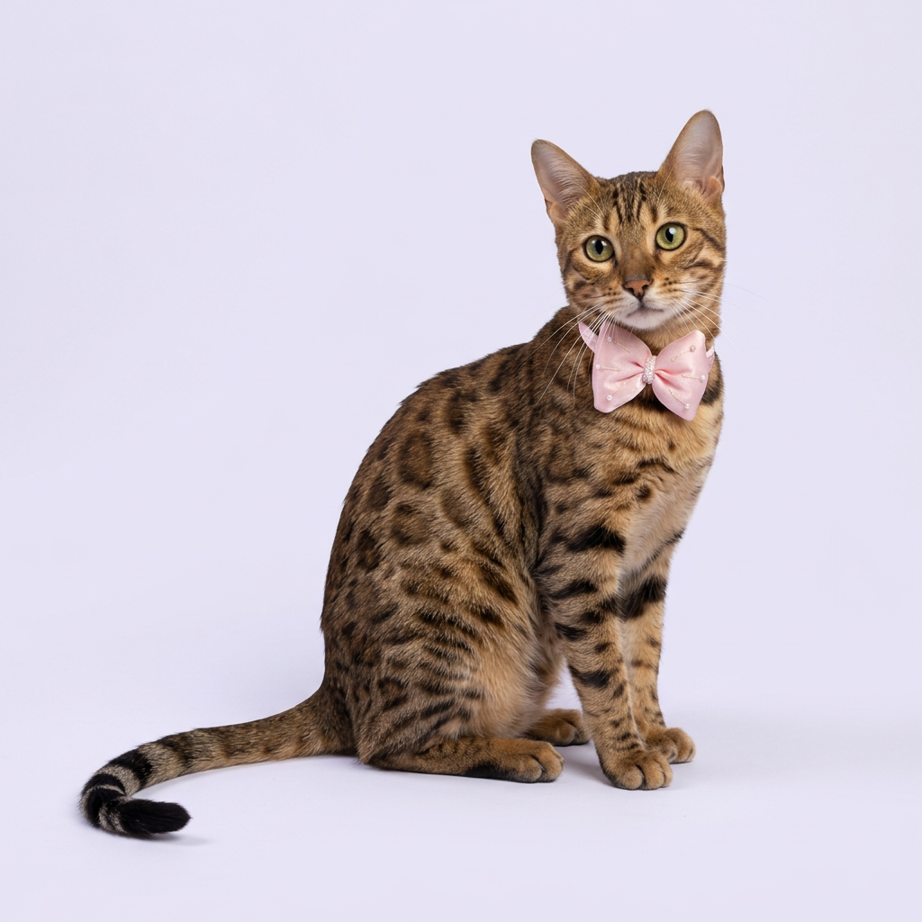 Bengal cat turning gently in pink bow collar