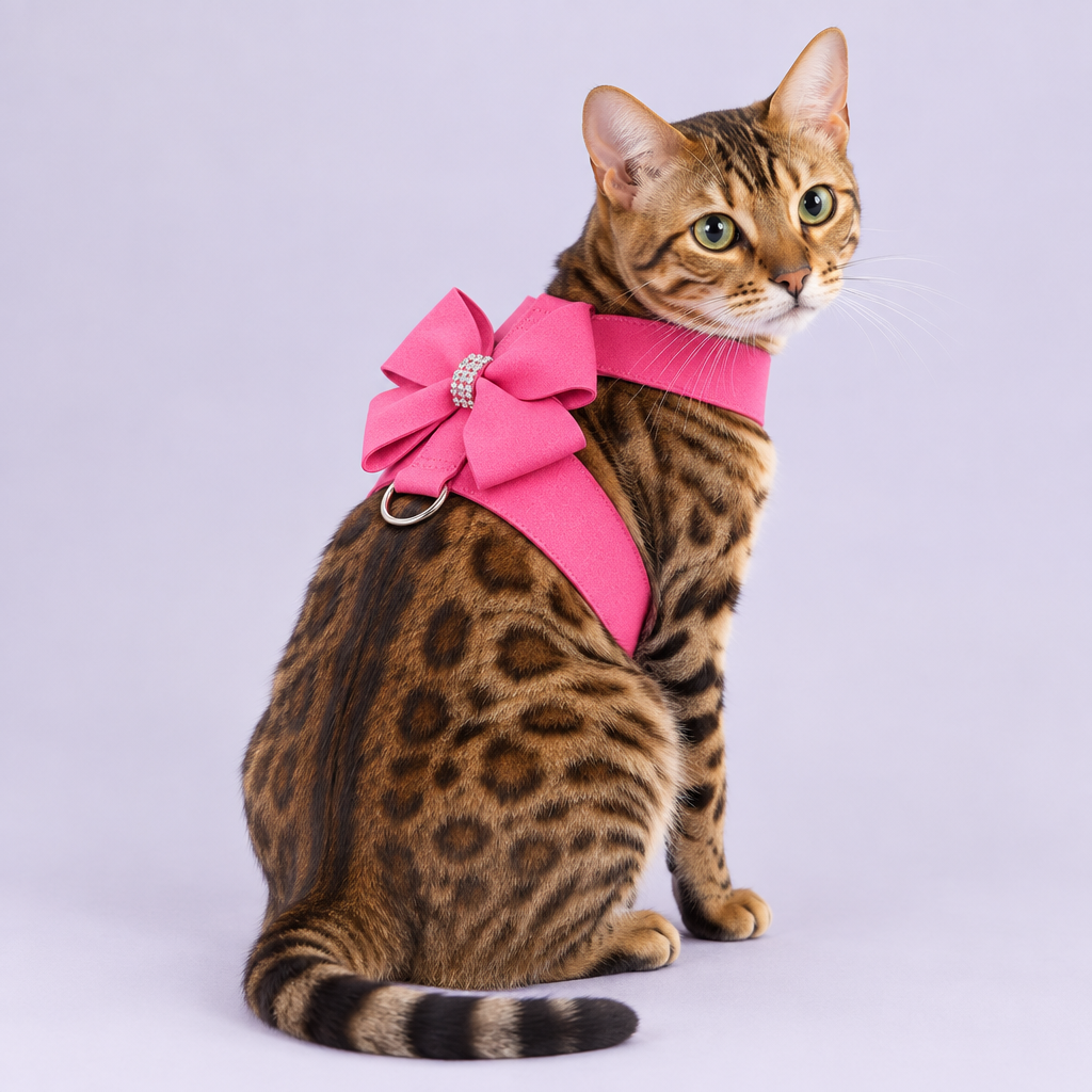 Bengal cat wearing pink bow harness