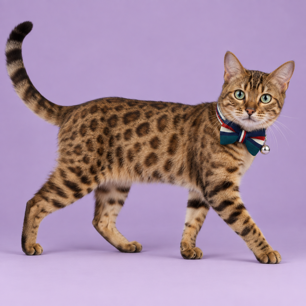 Bengal cat wearing the teal and navy bow-tie collar
