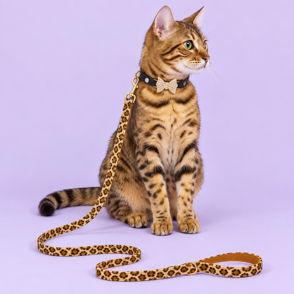 Bengal cat with gold bow collar and leopard leash