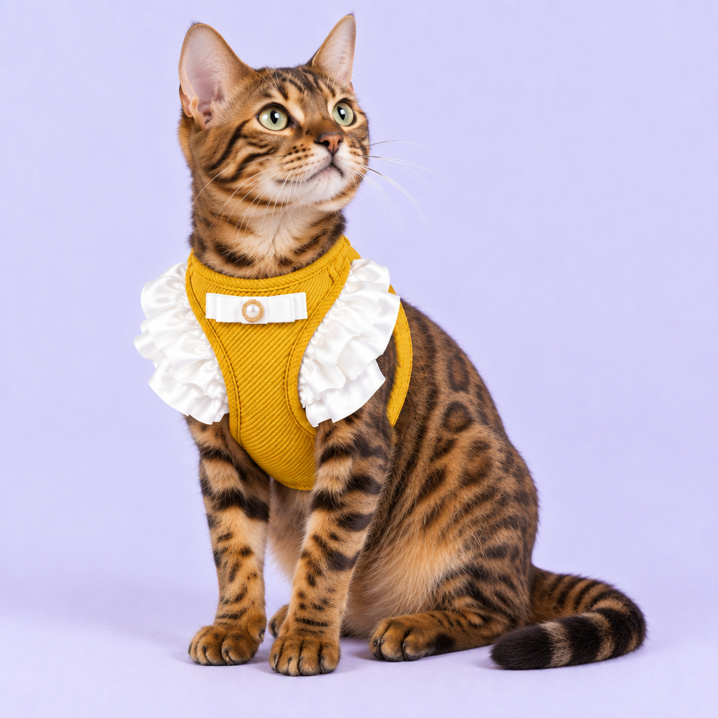 Bengal in yellow harness with front chest flounces