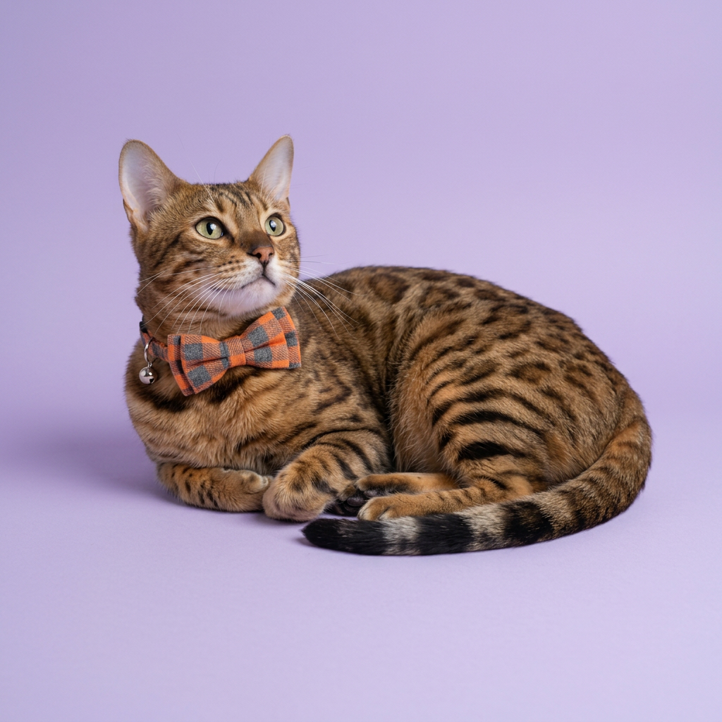 Bengal resting in a loose crescent with an upward gaze