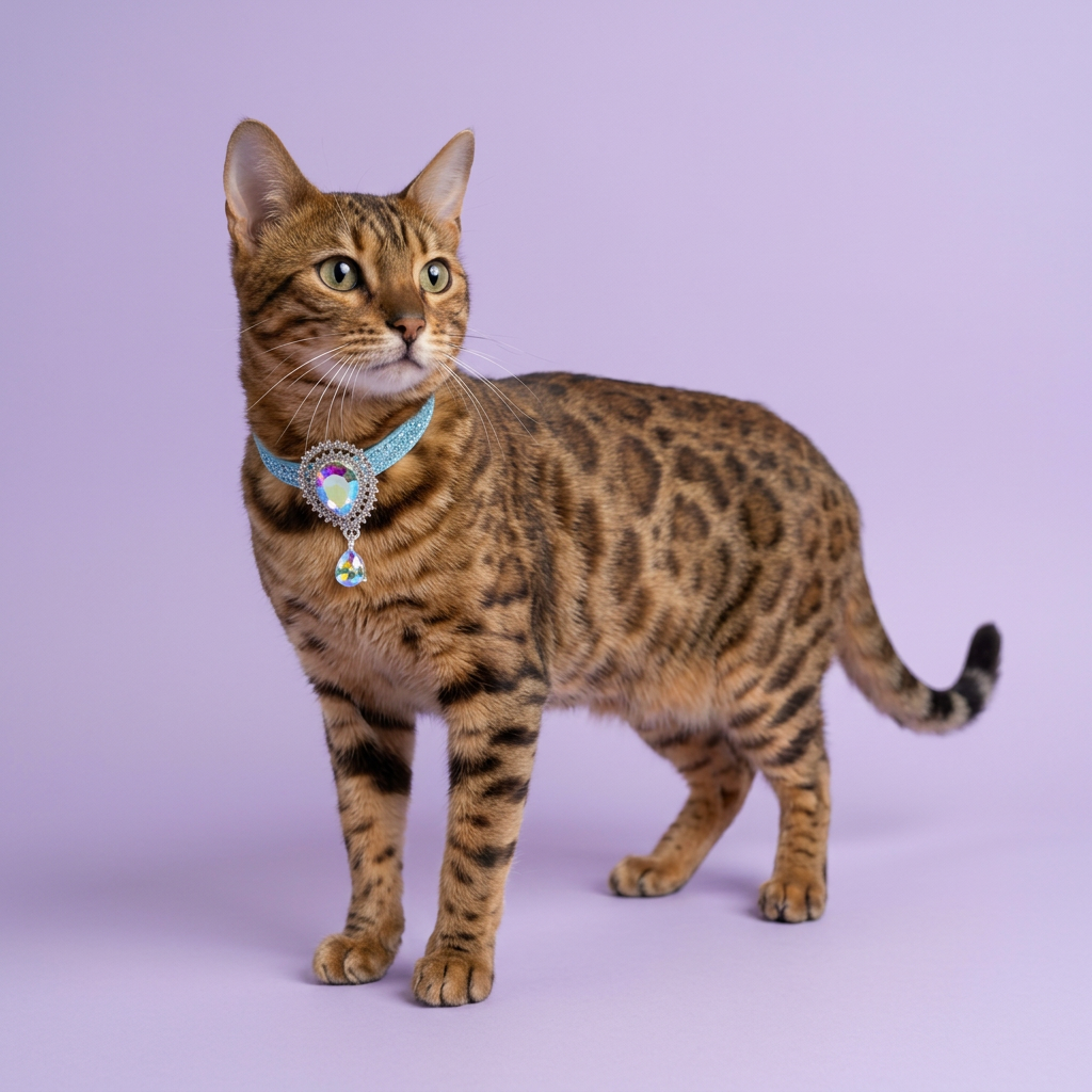 Bengal standing diagonally, photographed from slightly above