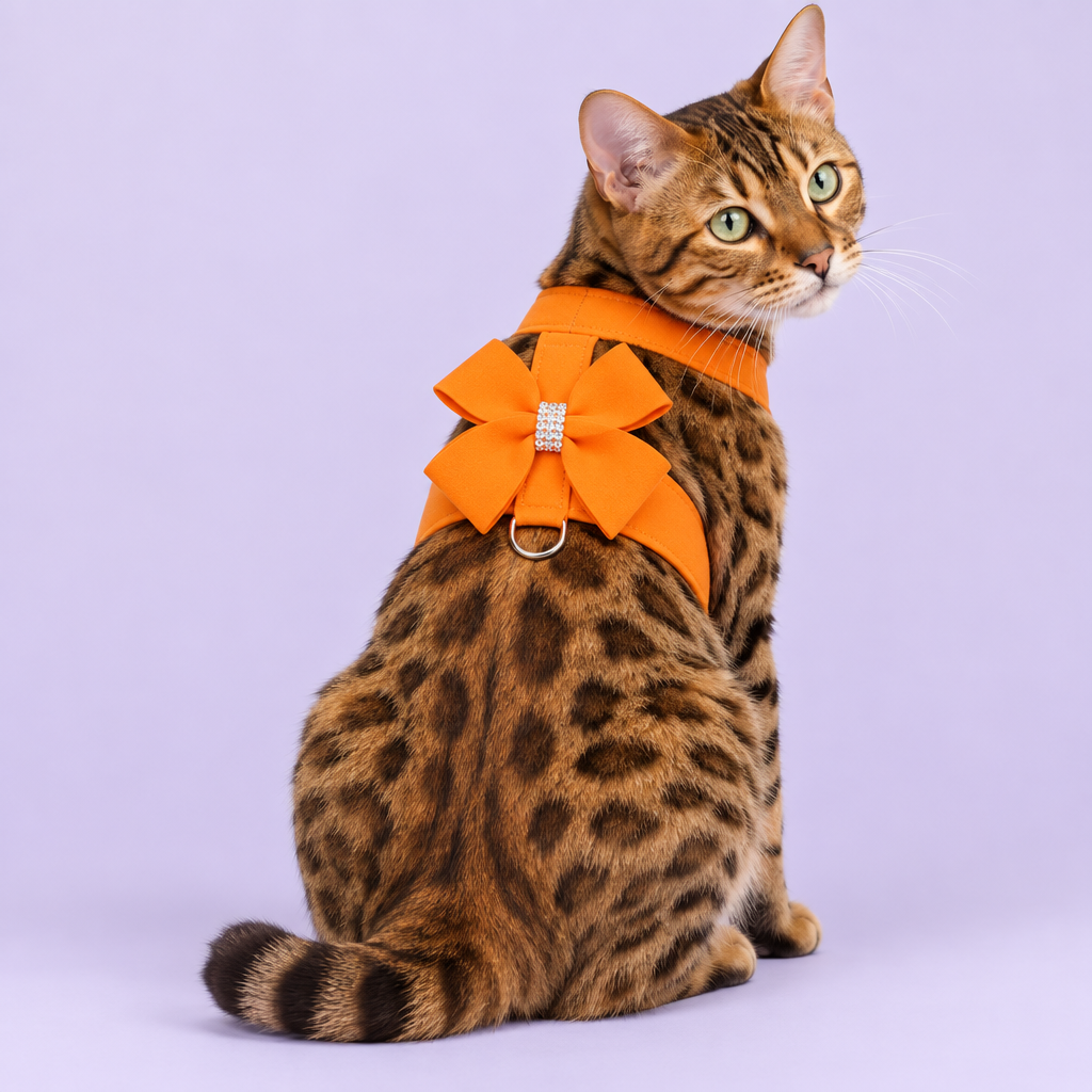 Bengal wearing orange bow harness