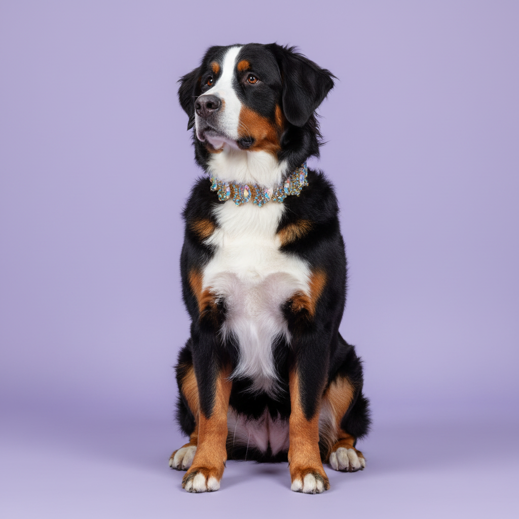 Brown-eyed tricolor Bernese Mountain Dog sitting tall and gazing to the side wearing a silver AB crystal rhinestone collar with iridescent aurora borealis marquise and teardrop gem embellishments, luxury AB crystal dog collar for large breeds on solid lavender background