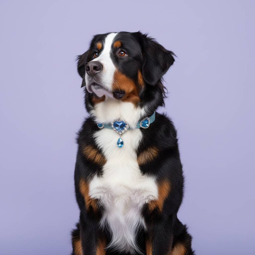 Brown-eyed tricolor Bernese Mountain Dog sitting tall and gazing upward wearing a light blue glitter rhinestone collar with rhinestone-framed aquamarine blue heart crystal embellishments and a dangling faceted blue teardrop pendant, luxury blue heart pendant dog collar for large breeds on solid lavender background
