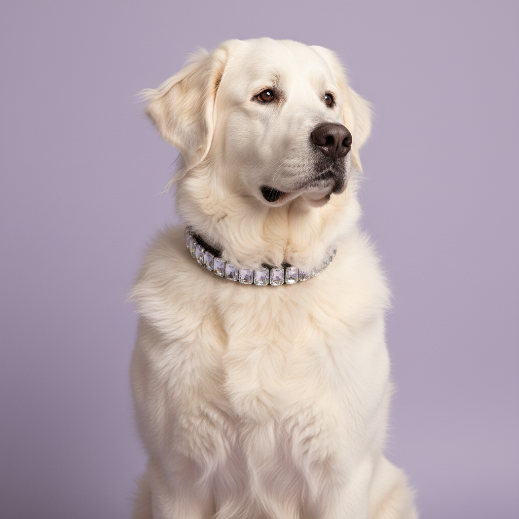 Bernese Mountain Dog wearing a clear crystal rhinestone collar against a soft lavender studio background.