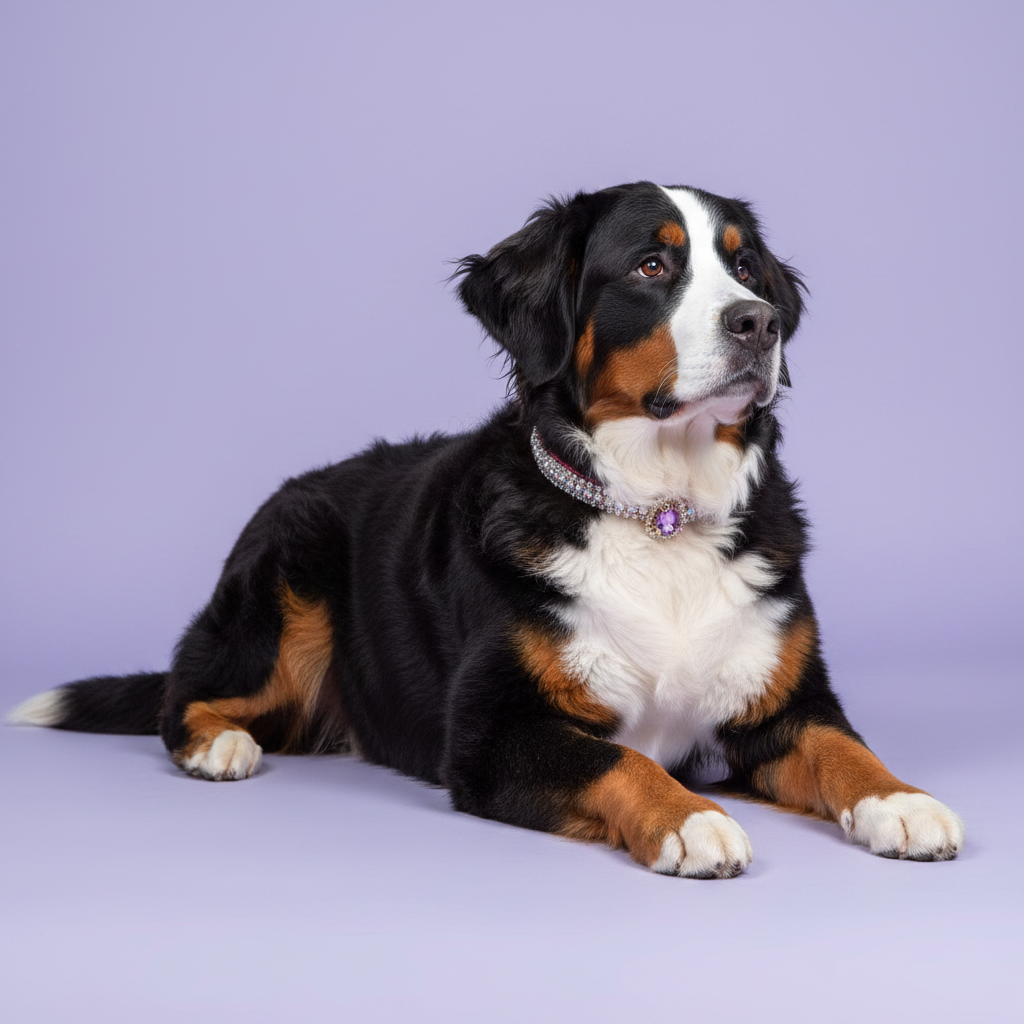 Tricolor Bernese Mountain Dog lying down with head raised and gazing upward wearing a pink rhinestone collar with oval purple amethyst crystal pendant, luxury gemstone dog collar for large breeds on lavender background