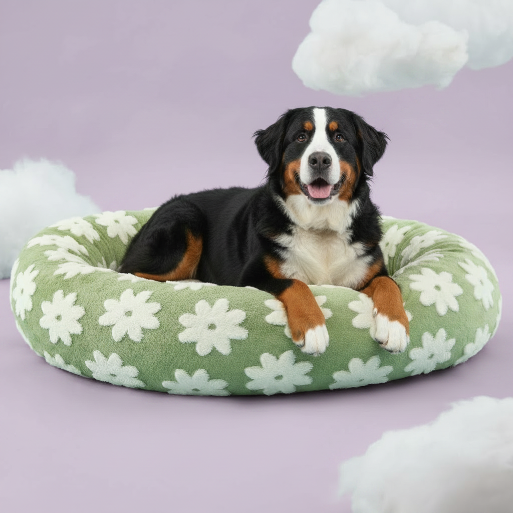Bernese Mountain Dog lying inside a sage green and white daisy-print plush round donut pet bed, set against a bright lavender sky studio backdrop with fluffy white cloud props
