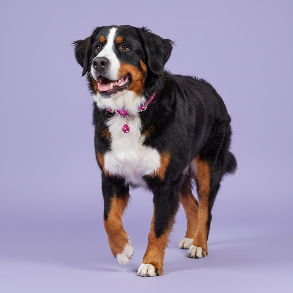 Brown-eyed tricolor Bernese Mountain Dog trotting in three-quarter view with mouth open and one front paw raised wearing a hot pink rhinestone collar with three rhinestone-framed hot pink heart crystals and a dangling teardrop pink crystal pendant, luxury heart gem dog collar for large breeds on solid lavender background