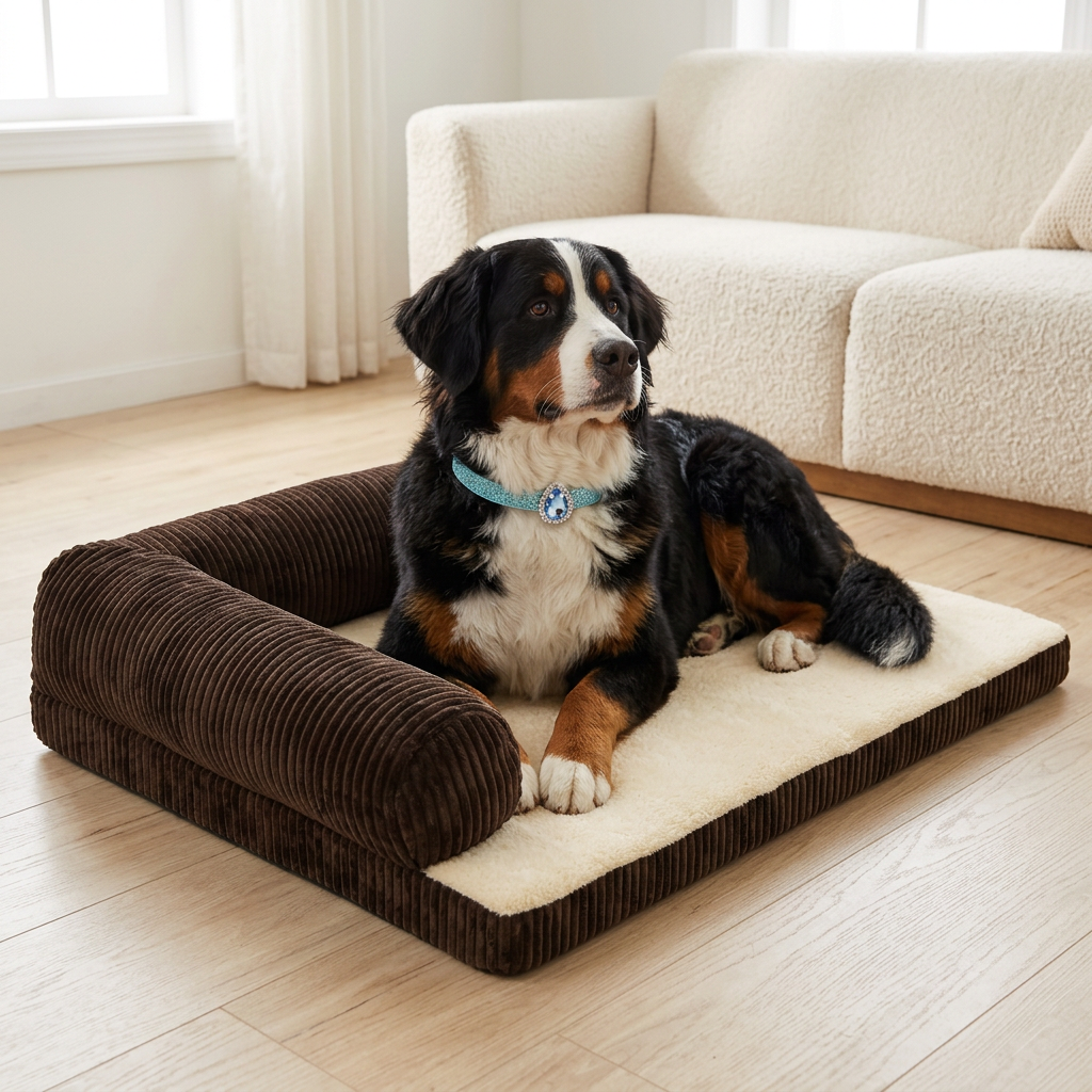 Bernese Mountain Dog wearing blue collar on spacious brown-and-cream bed