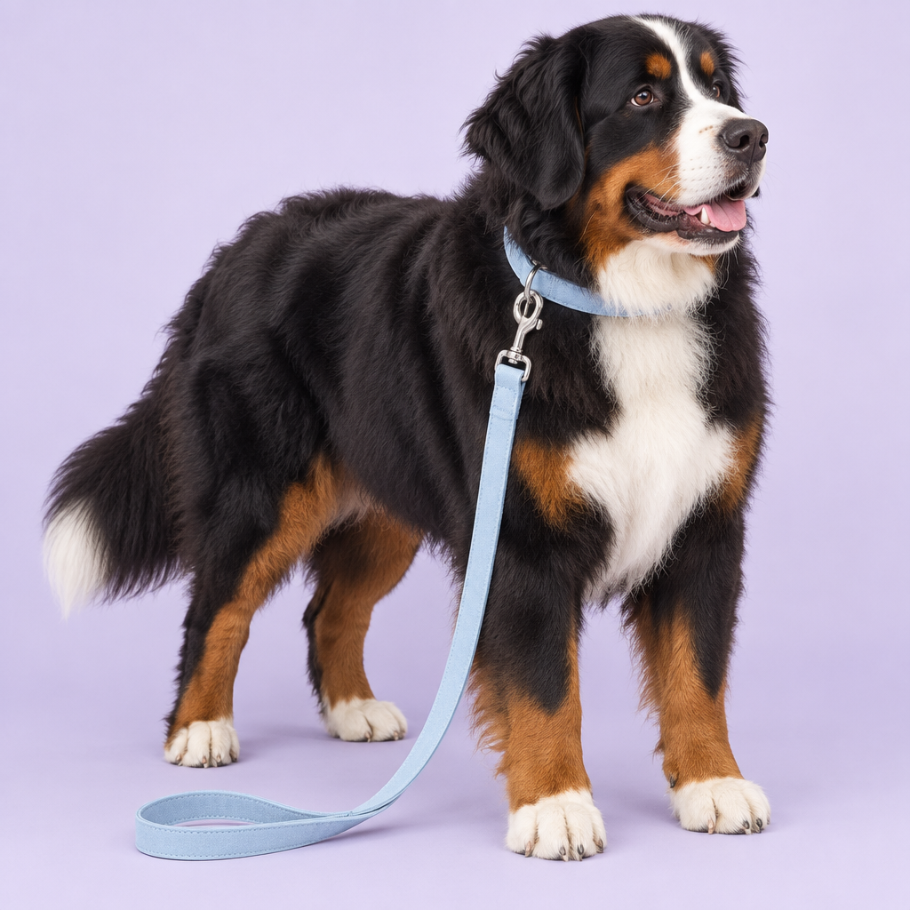 Bernese mountain dog wearing light blue suede-look set