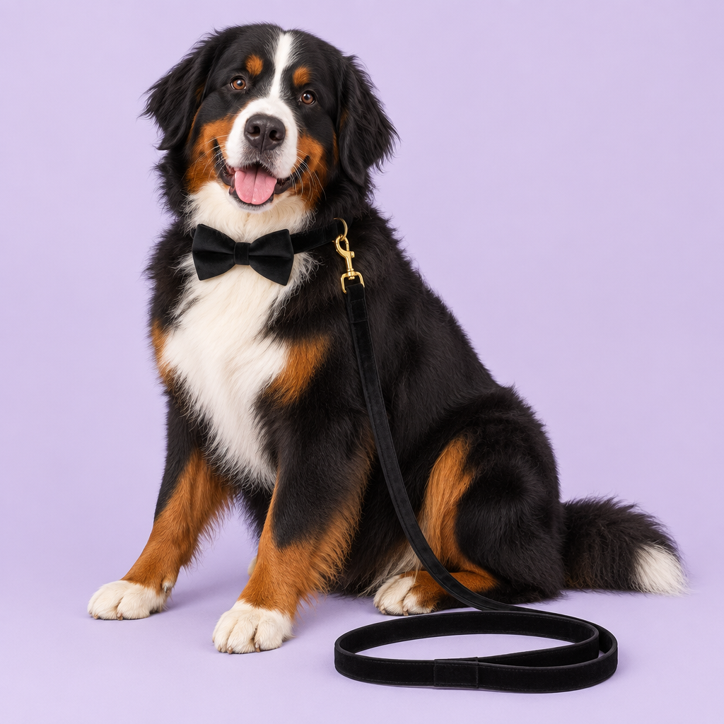 Bernese Mountain Dog with black bow collar and matching leash