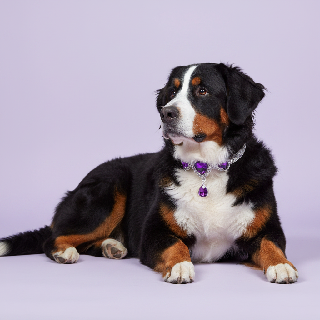 Brown-eyed tricolor Bernese Mountain Dog lying down with front paws extended and gazing to the side wearing a silver rhinestone collar with three rhinestone-framed deep purple amethyst heart crystals and a dangling teardrop purple crystal pendant, luxury heart gem dog collar for large breeds on solid lavender background