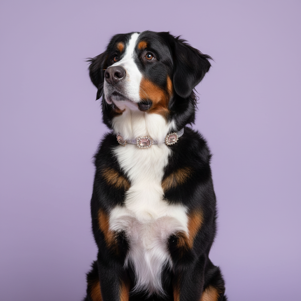 Brown-eyed tricolor Bernese Mountain Dog sitting tall and gazing upward wearing a silver glitter rhinestone collar with multiple rhinestone-framed champagne blush rectangular crystal embellishments, luxury sparkle rectangular gem dog collar for large breeds on solid lavender background