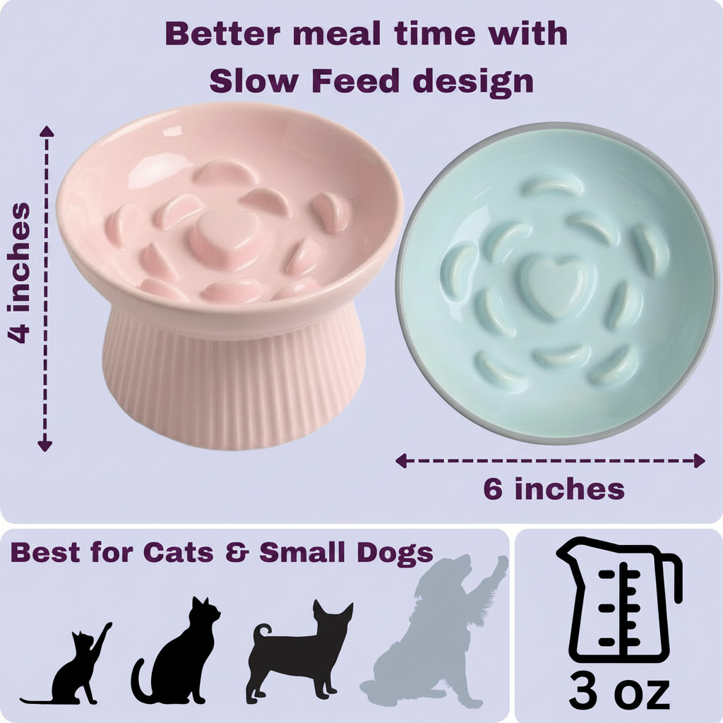 Better mealtime with slow feed design infographic showing blush pink and mint blue ceramic raised bowls with dimensions 4 inches tall and 6 inches wide, best for cats and small dogs, 3 oz capacity, lavender background