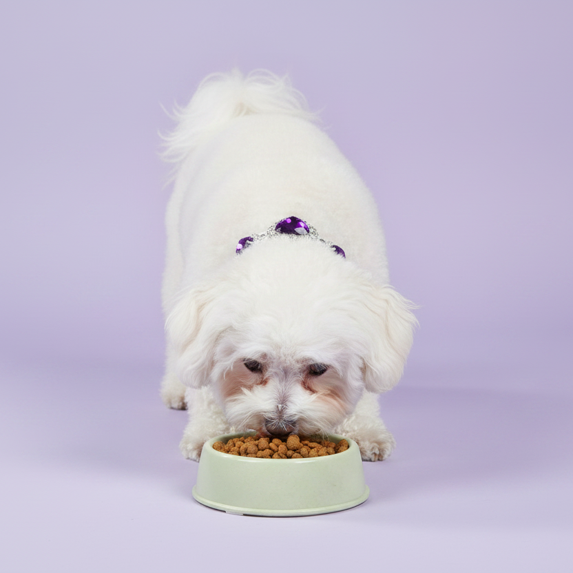 Bichon Frisé eating from sage green pet bowl wearing purple amethyst gem chain collar — luxury small dog bowl and collar