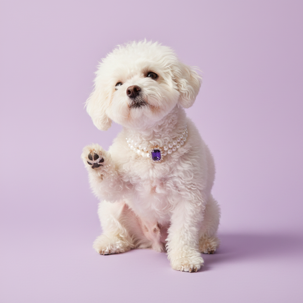 White Bichon Frise sitting with one paw raised, wearing a double pearl collar with an amethyst gemstone pendant against a lavender background