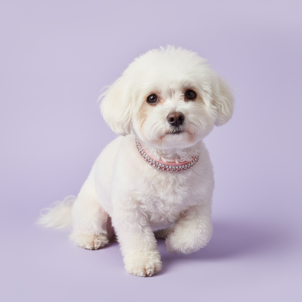 White Bichon Frise in a playful crouch looking at camera wearing a pink double-row crystal rhinestone collar, luxury rhinestone small dog collar on lavender background