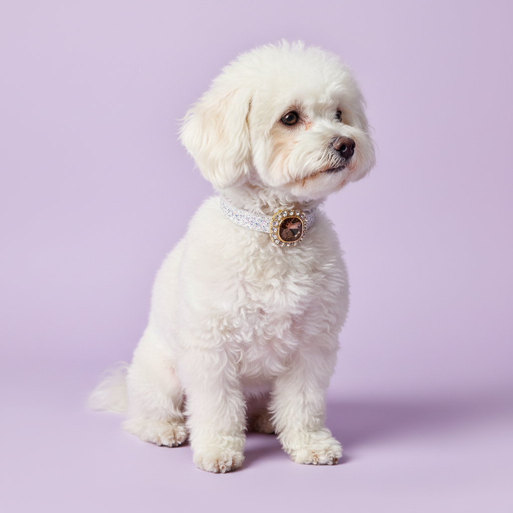 White Bichon Frise sitting upright and gazing to the side wearing a white glitter rhinestone dog collar with smoky topaz cushion-cut gem and gold rhinestone halo centerpiece on lavender background