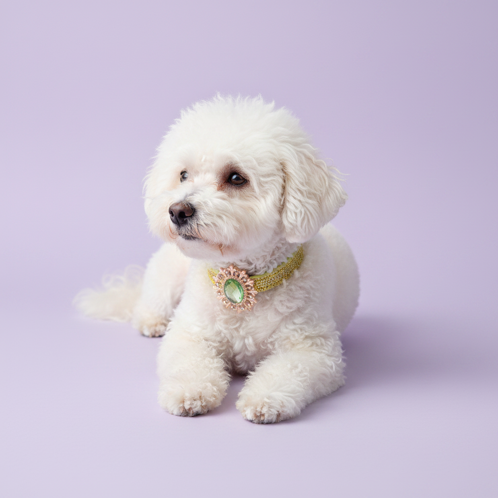 White Bichon Frise lying down wearing a gold glitter dog collar with peridot green oval crystal sunburst pendant