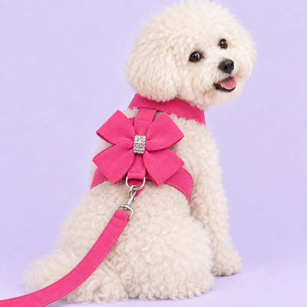 Bichon Frise in pink bow harness with leash