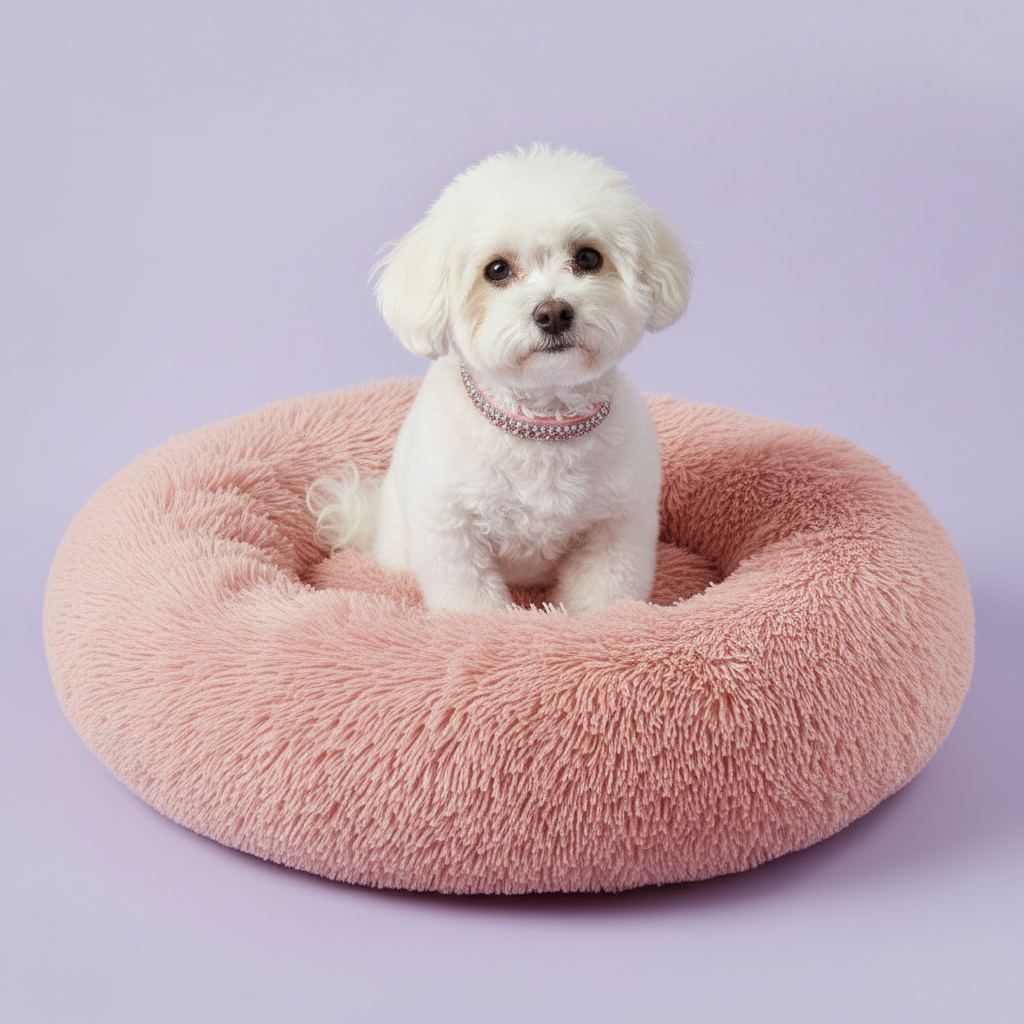 White Bichon Frise wearing a silver rhinestone collar sitting upright in a blush pink round donut pet bed with long shaggy faux fur, set against a soft lavender backdrop