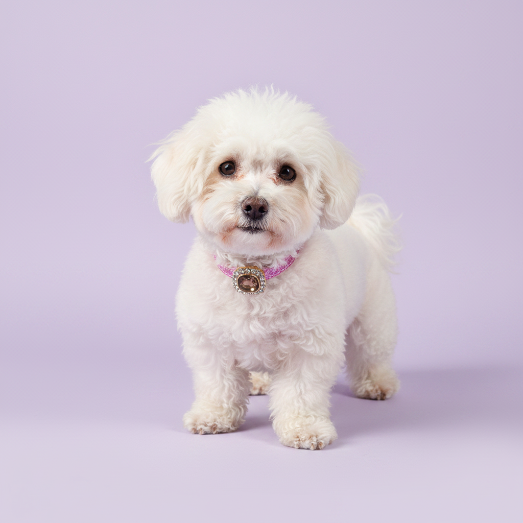 White Bichon Frise standing and facing forward wearing a pink glitter rhinestone dog collar with smoky topaz cushion-cut gem and rhinestone halo centerpiece on lavender background