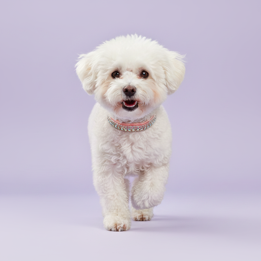 White Bichon Frise running toward camera with mouth open wearing a pink double-row crystal rhinestone collar, luxury rhinestone small dog collar on lavender background