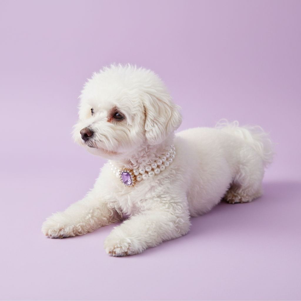 Bichon Frise wearing a lavender rhinestone dog collar