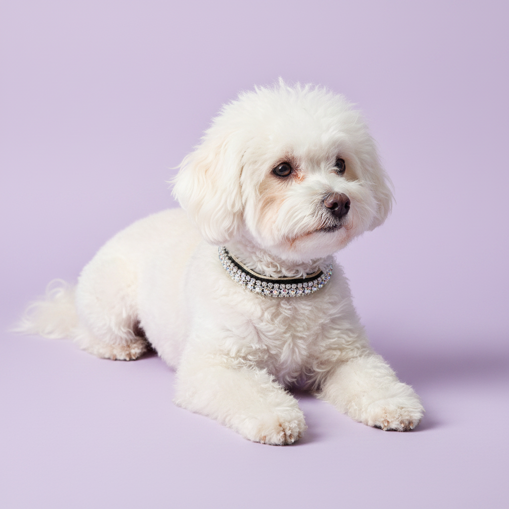 White Bichon Frise lying down with head raised and gazing to the side wearing a black velvet triple-row clear crystal rhinestone collar, luxury rhinestone small dog collar on lavender background