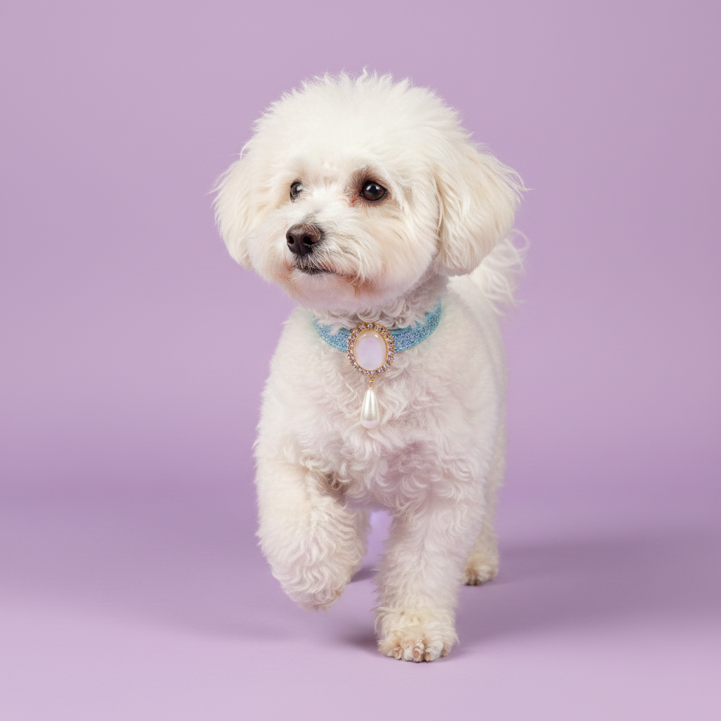 White Bichon Frise mid-prance and facing forward wearing a light blue lace dog collar with a gold oval pearl and rhinestone pendant