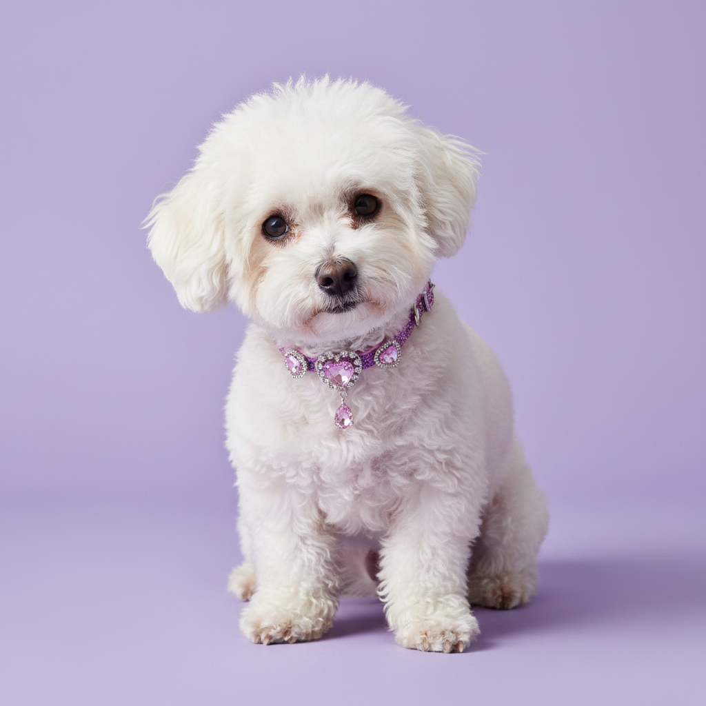 White Bichon Frise sitting and facing camera wearing a lavender rhinestone collar with three rhinestone-framed light purple heart crystals and a dangling teardrop lavender crystal pendant, luxury heart gem dog collar for small breeds on solid lavender background