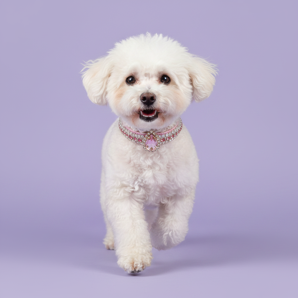White Bichon Frise mid-prance toward camera with mouth open and one paw raised wearing a pink AB iridescent rhinestone collar with oval pink amethyst crystal pendant, luxury gemstone dog collar for small breeds on lavender background