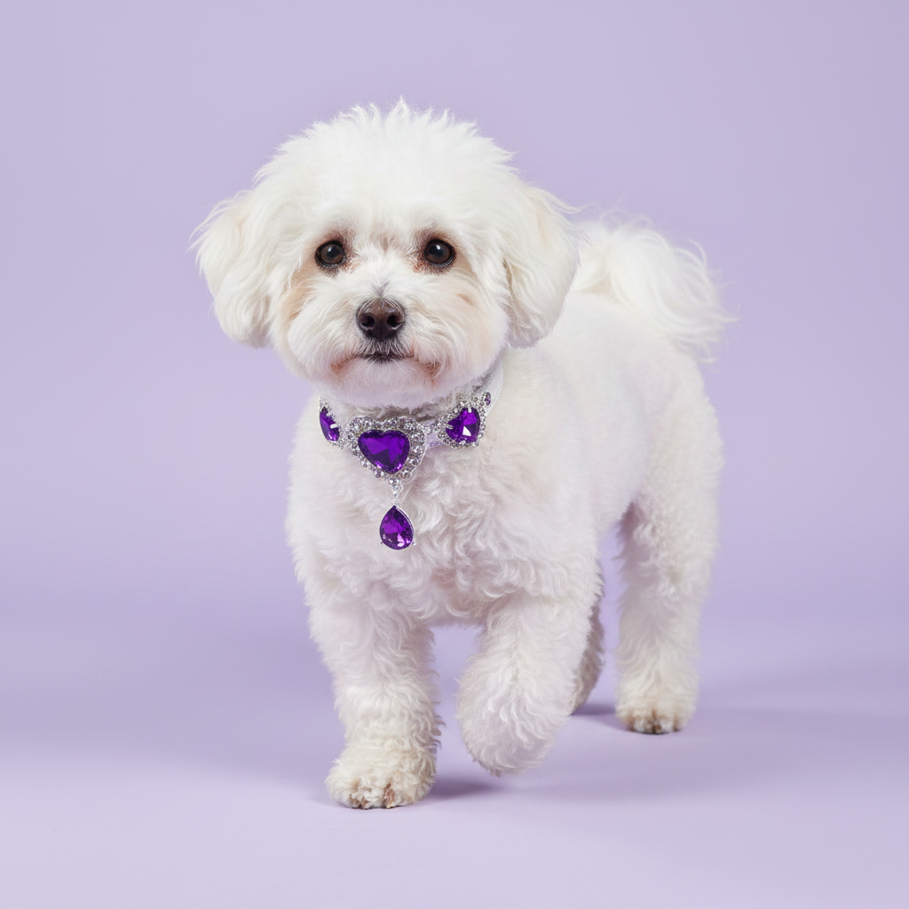 Brown-eyed white Bichon Frise standing in three-quarter view and facing camera wearing a silver rhinestone collar with three rhinestone-framed deep purple amethyst heart crystals and a dangling teardrop purple crystal pendant, luxury heart gem dog collar for small breeds on solid lavender background