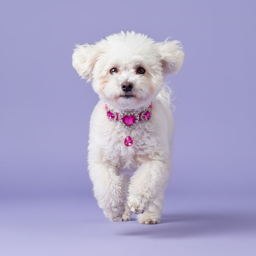 White Bichon Frise running toward camera with both front paws raised wearing a pink collar with three rhinestone-framed hot pink heart crystals and a dangling teardrop pink crystal pendant, luxury heart gem dog collar for small breeds on solid lavender background
