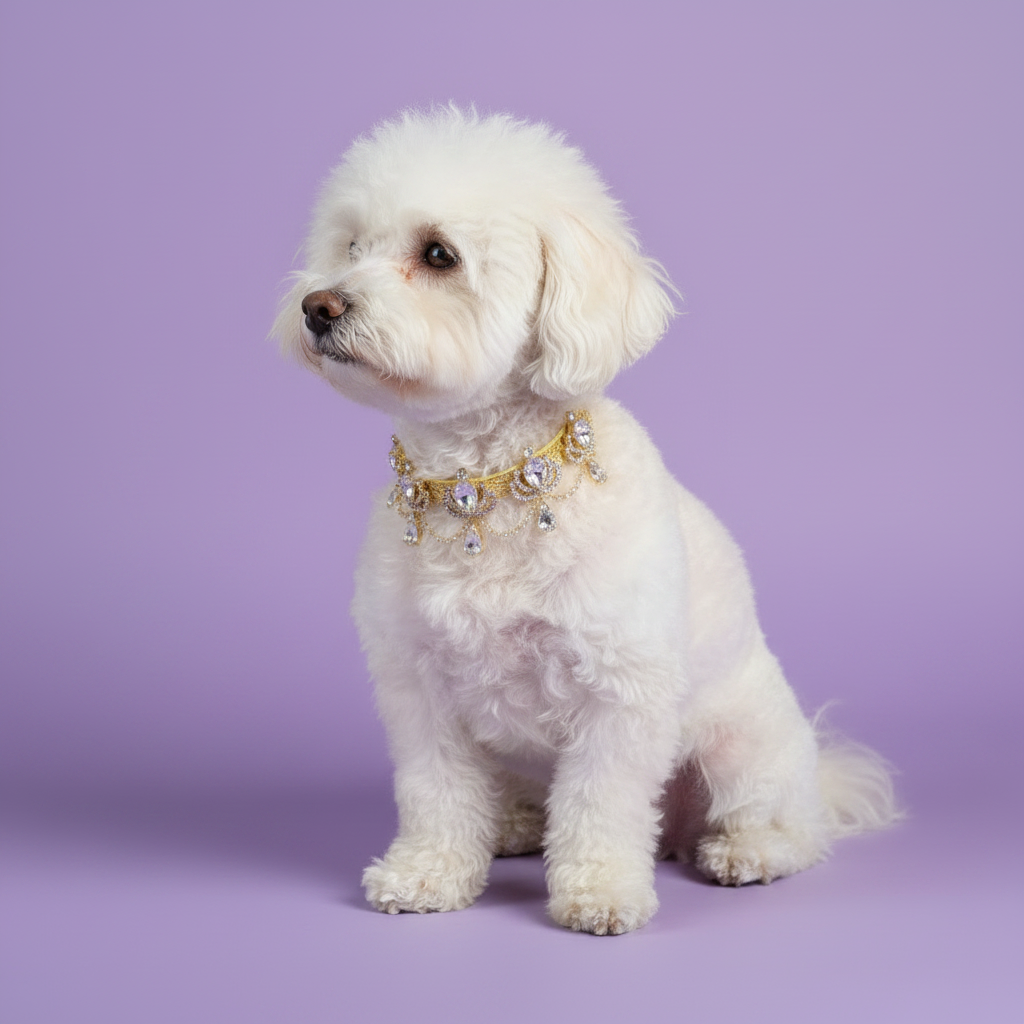 White Bichon Frise sitting and gazing to the side wearing a gold crystal teardrop pendant rhinestone dog collar
