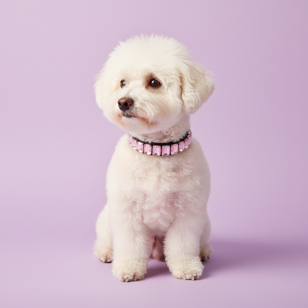 White Bichon Frise sitting and wearing a pink crystal rhinestone collar against a soft lavender studio background.