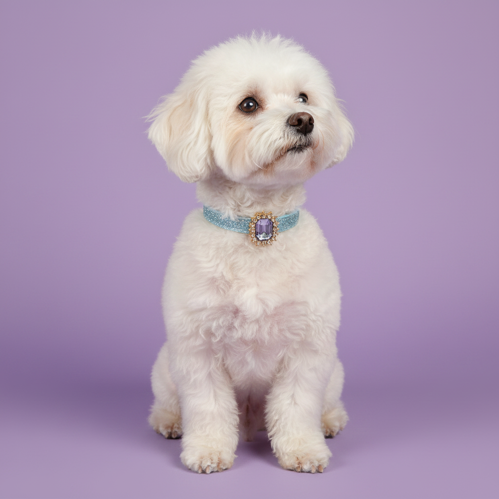 White Bichon Frise sitting wearing a blue sapphire crystal rhinestone dog collar