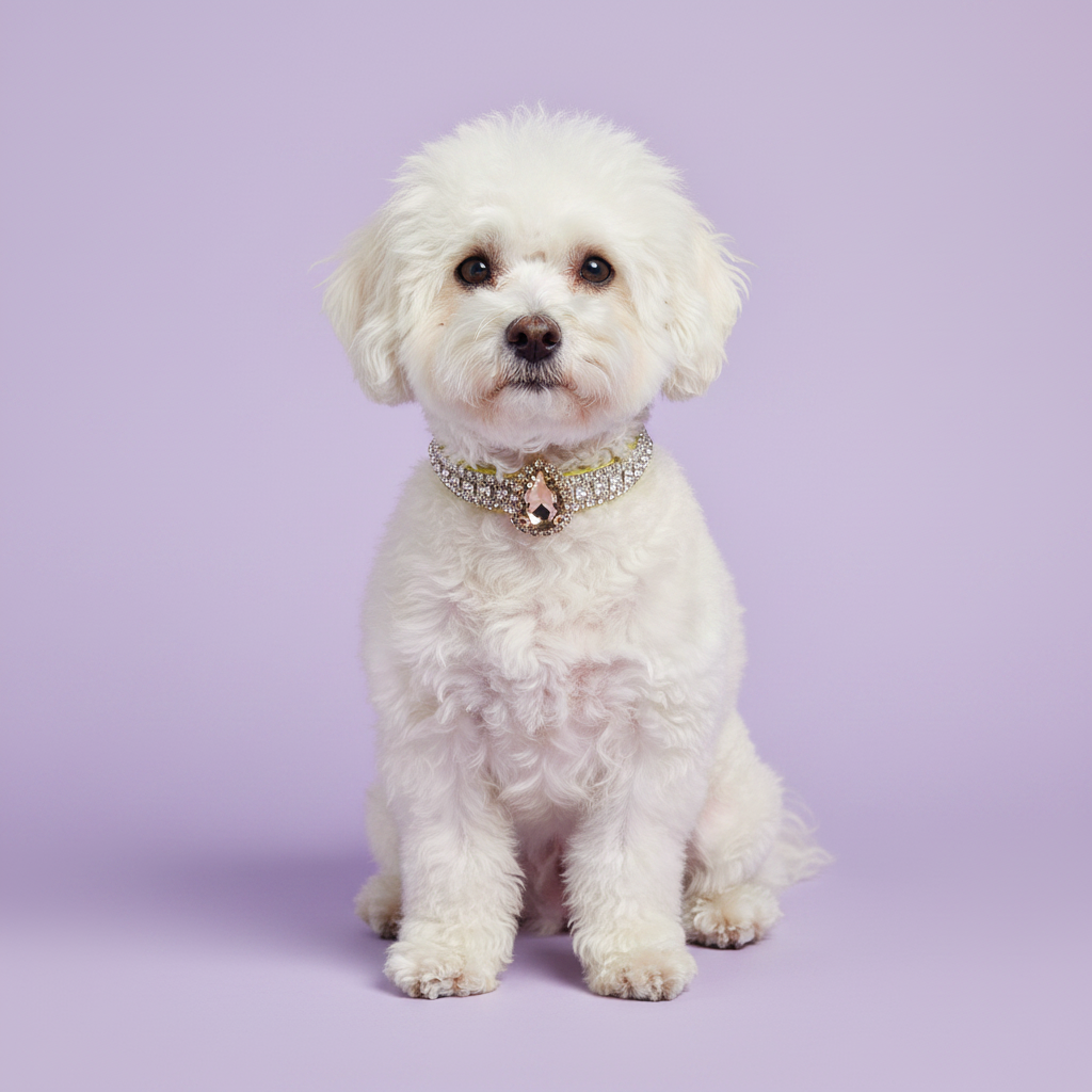 White Bichon Frise sitting tall and facing camera wearing a gold crystal rhinestone collar with large teardrop pendant, luxury diamond-style dog collar for small breeds on lavender background