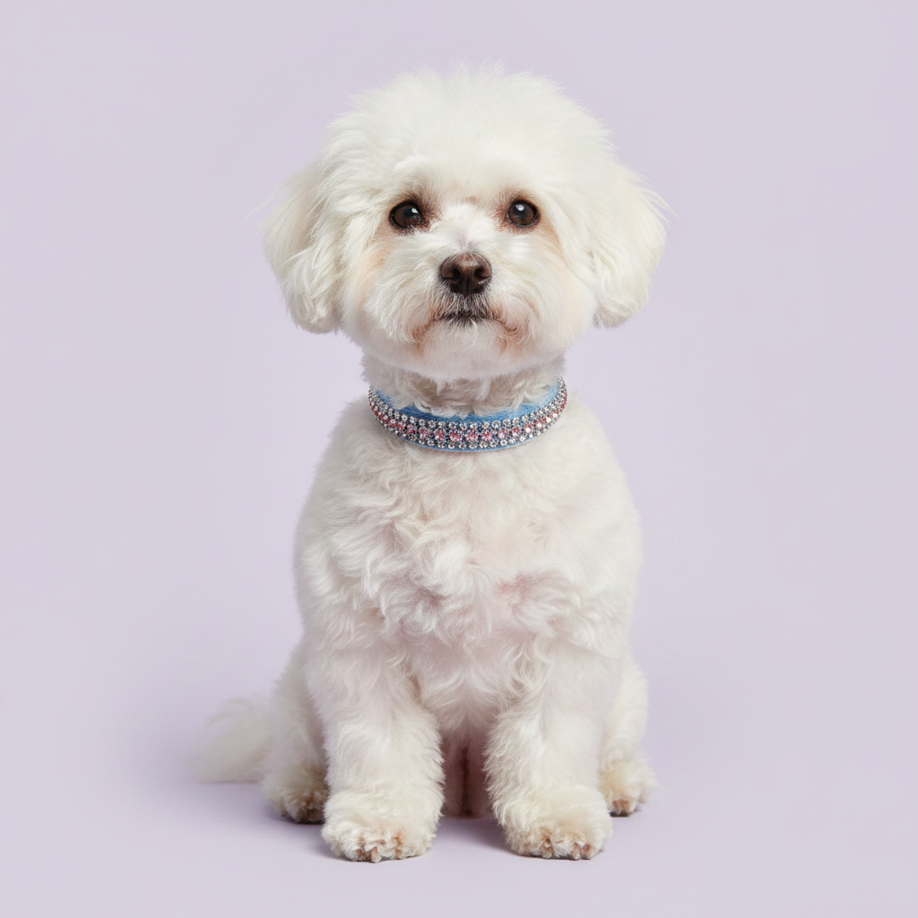 White Bichon Frise sitting tall and facing camera wearing a blue velvet triple-row pink and clear crystal rhinestone collar, luxury rhinestone small dog collar on lavender background