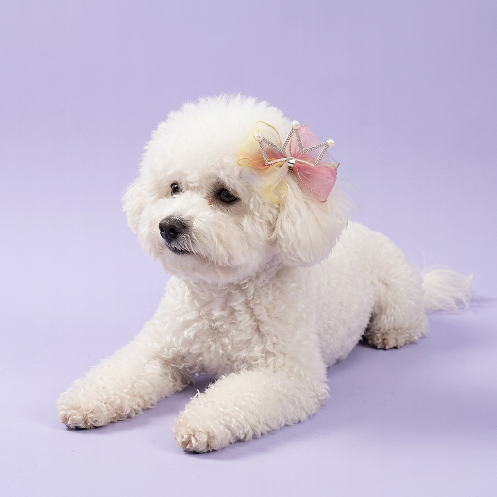 Bichon Frise wearing the yellow-and-pink crown bow