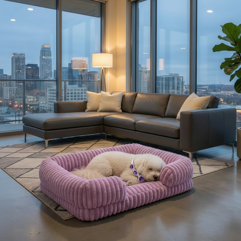 Bichon Frise with Purple Heart Collar on Pink Bed