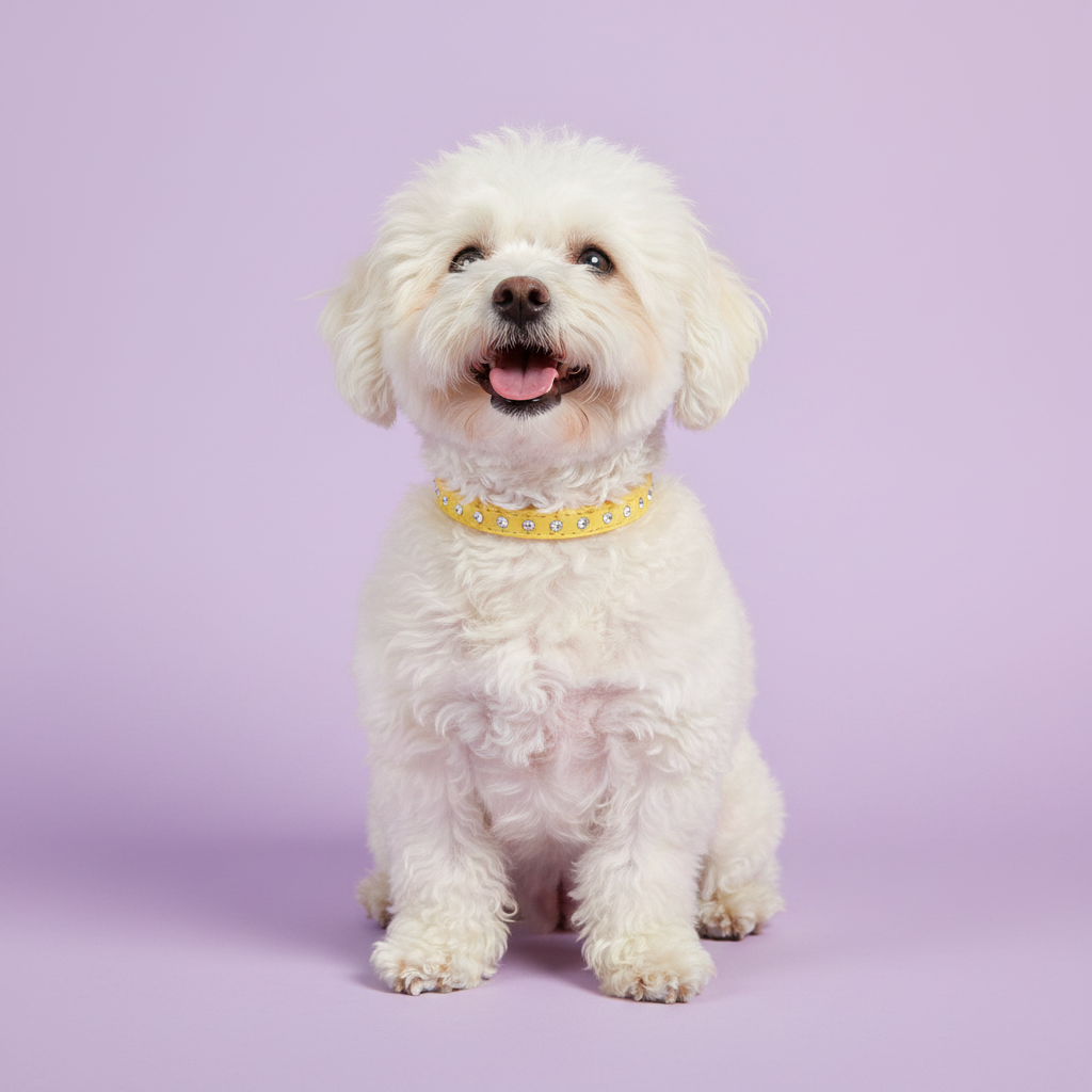 White Bichon Frise wearing a yellow rhinestone crystal leather dog collar, full body studio portrait on lavender background