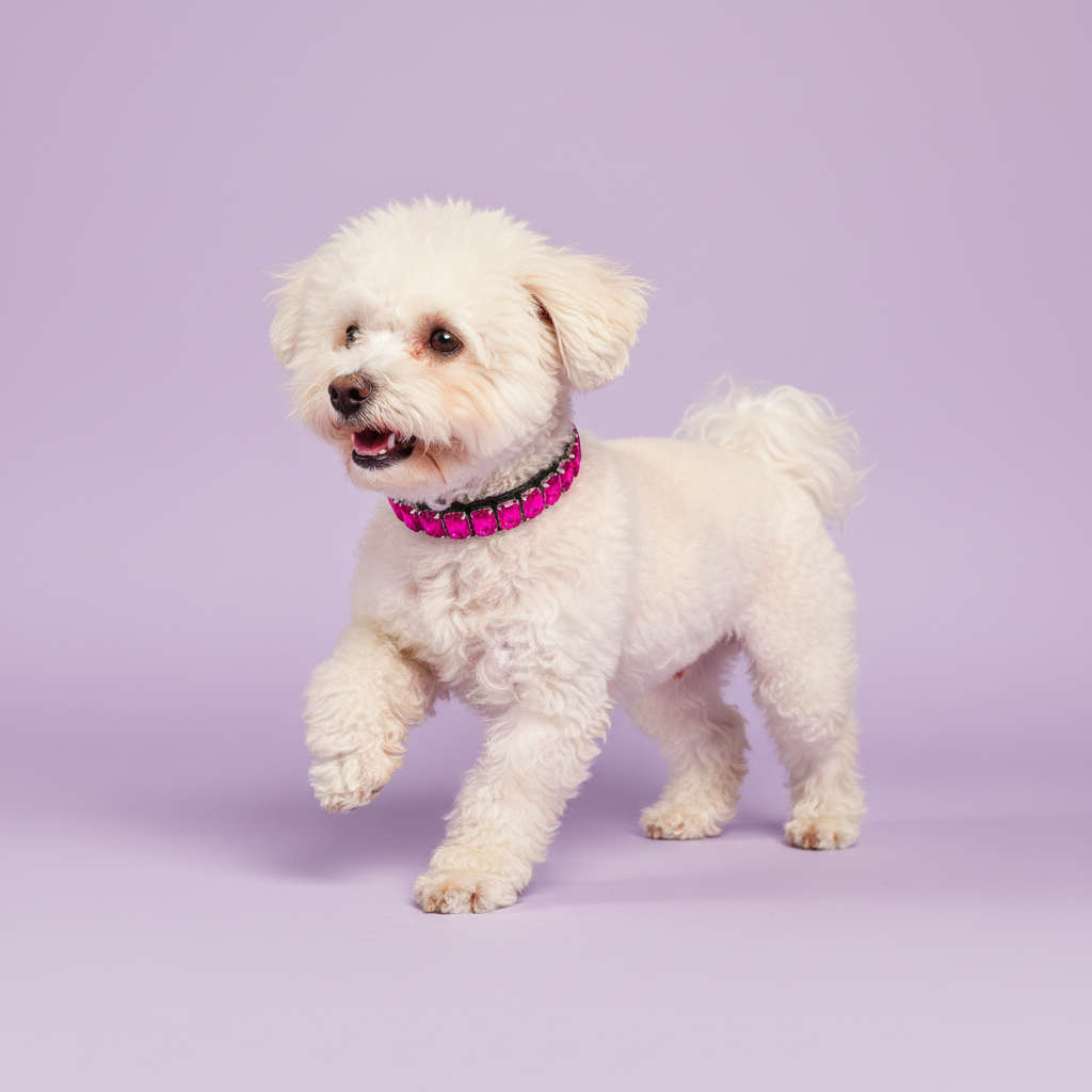 Bichon Frise wearing a hot pink rhinestone collar against a soft lavender studio background.