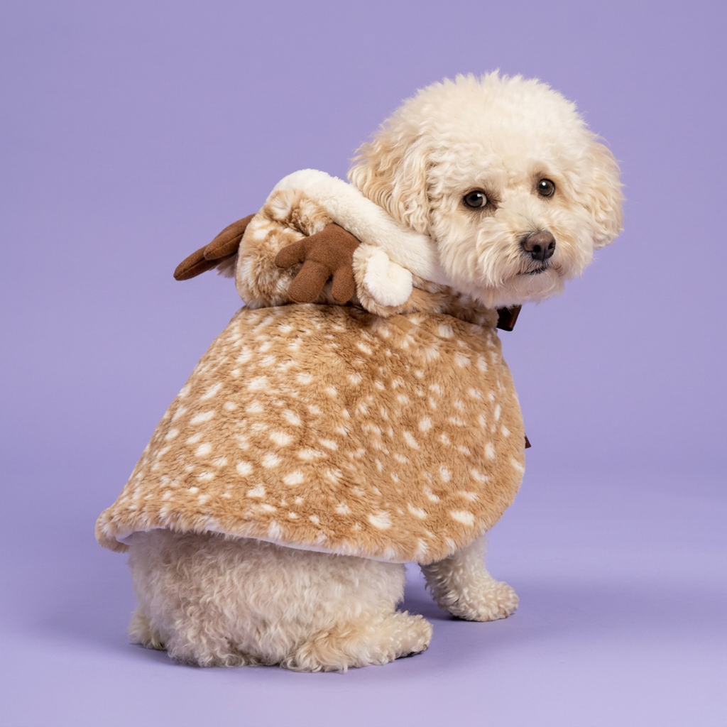 Bichon looking over its shoulder with the hood down