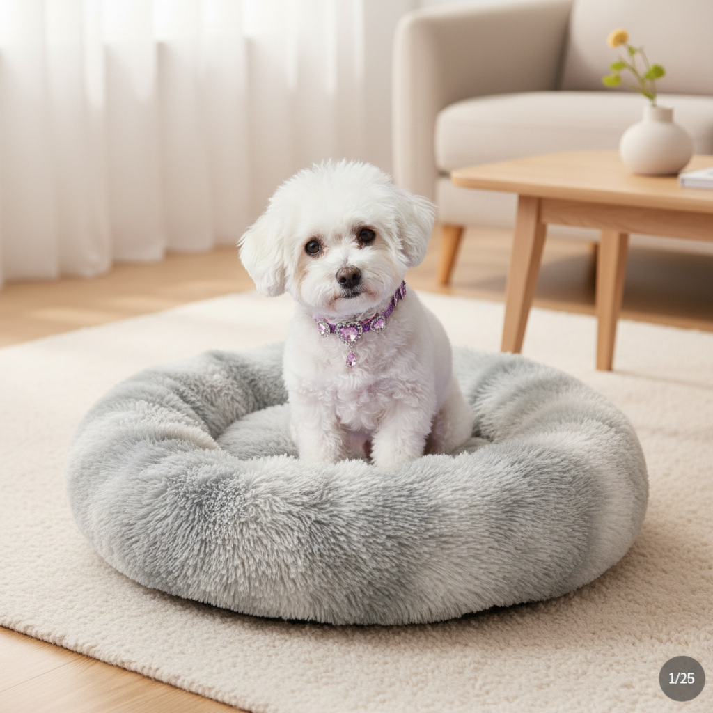 Bichon Frise wearing a purple crystal rhinestone collar sitting in a round grey shaggy faux fur donut calming pet bed in a bright modern living room