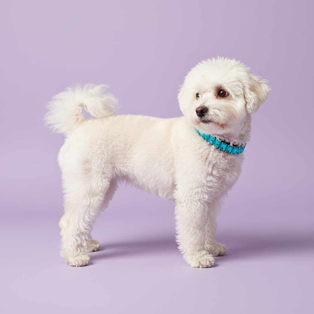 White Bichon Frise standing and wearing a bright teal rhinestone collar against a soft lavender studio background.