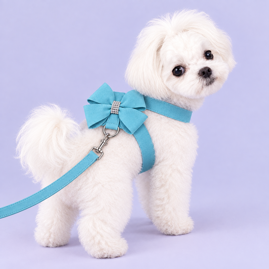 Bichon with corrected blue harness