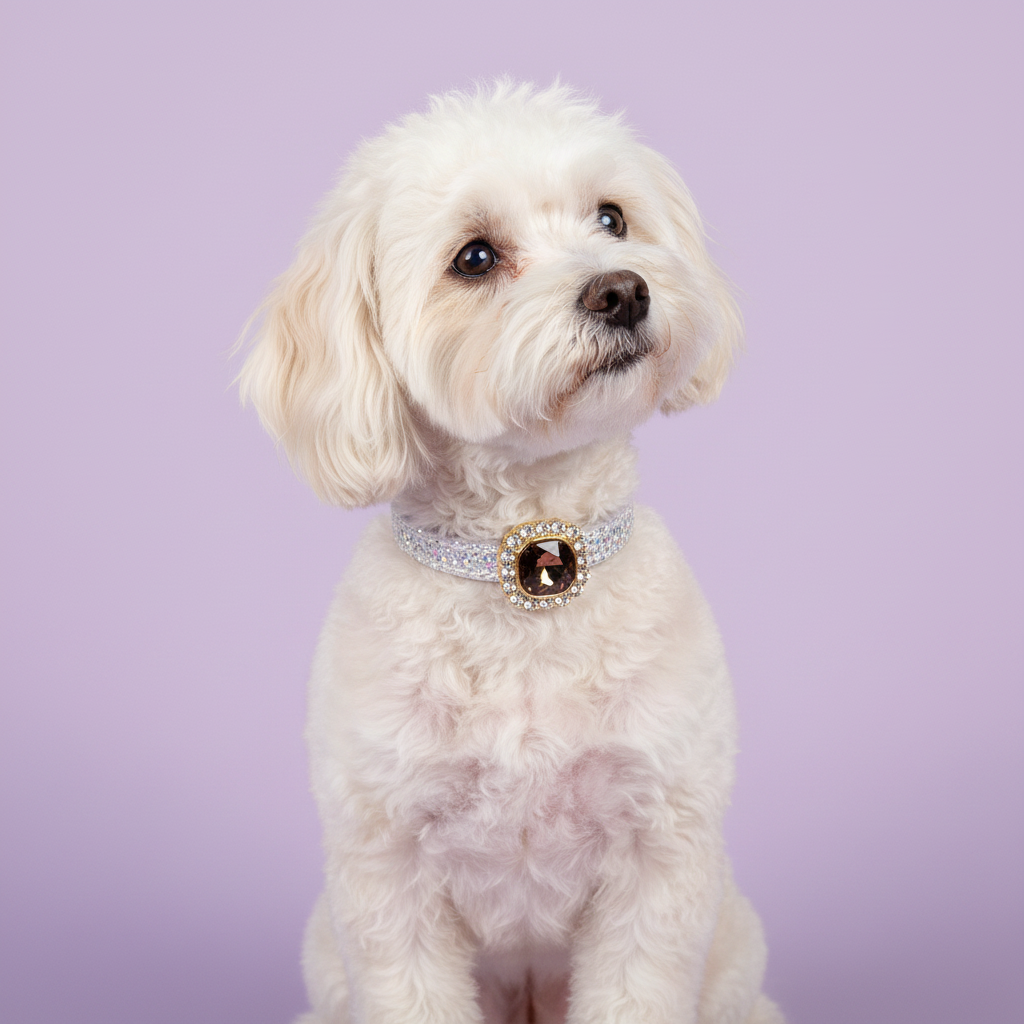 Cream Bichpoo sitting upright and gazing to the side wearing a white glitter rhinestone dog collar with round smoky topaz gem and gold halo centerpiece on lavender background